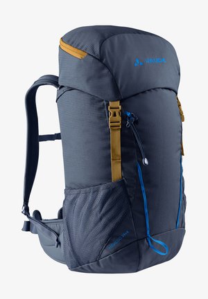 Blauwe en grijze rugzak met een gestructureerd oppervlak, gouden accenten, verstelbare schouderbanden en een zijvak van gaas. Heeft een trekkoordsluiting.