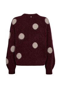 Pull duveteux bordeaux avec de gros pois blancs et de longues manches bouffantes vu de dos.