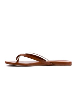 Brown flip-flop sandal with thin straps, featuring a smooth finish and a minimalistic design; flat sole and no visible patterns or accents.