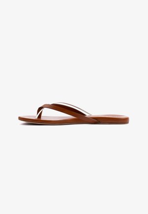 Brown flip-flop sandal with thin straps, featuring a smooth finish and a minimalistic design; flat sole and no visible patterns or accents.