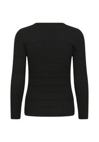 Black long-sleeve sweater featuring a textured ribbed pattern. Rounded neckline with a fitted silhouette and seamless sleeve design.