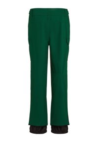 Groene outdoorbroek met een rechte snit, cargozakken en een zwarte zoom met elastische boorden. Gemaakt van lichtgewicht, duurzaam materiaal.