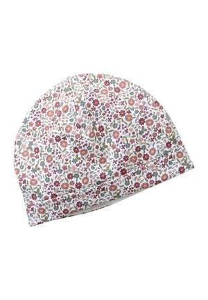 White fabric head covering with a dense pattern of small pink, red, blue, and green floral designs.
