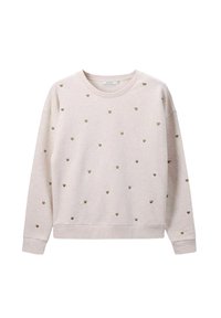 Sweatshirt rose clair en tissu doux, orné de petits motifs de cœurs métalliques dorés disposés régulièrement sur toute la surface. Col rond et manches longues.