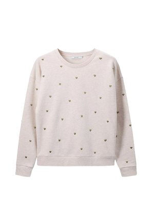 Light pink sweatshirt made of soft fabric, featuring tiny metallic gold heart patterns evenly spaced across the surface. Crew neckline and long sleeves.