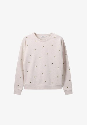 Sweatshirt rose clair en tissu doux, orné de petits motifs de cœurs métalliques dorés disposés régulièrement sur toute la surface. Col rond et manches longues.