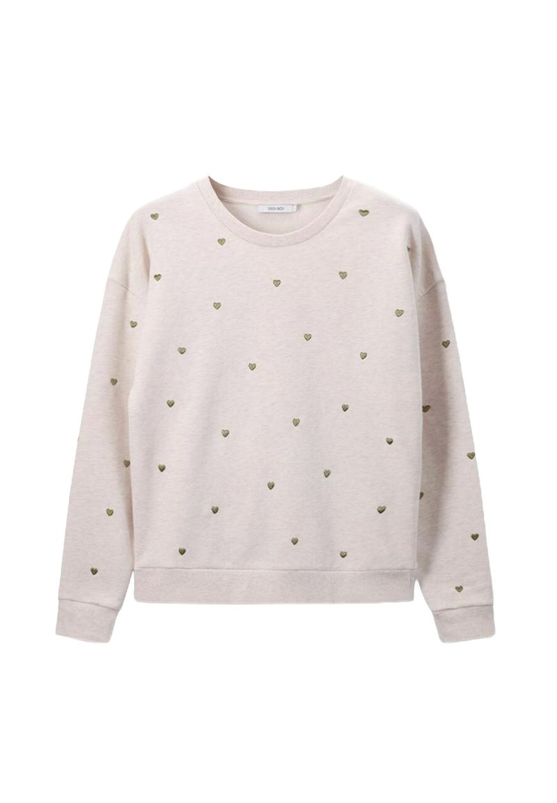 Sweatshirt rose clair en tissu doux, orné de petits motifs de cœurs métalliques dorés disposés régulièrement sur toute la surface. Col rond et manches longues.