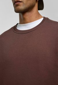Bruine trui met ronde hals en een zachte textuur, gedragen over een wit shirt. Heeft een eenvoudig, klassiek ontwerp met een relaxte pasvorm.