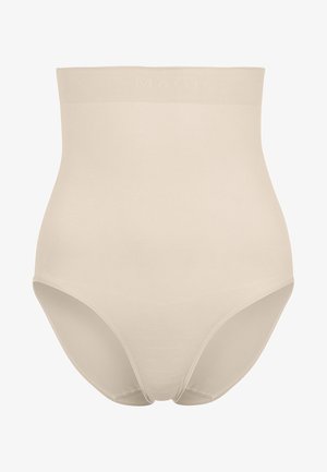 Simán, elasztikus anyagból készült, bézs színű, magas derekú alakformáló bugyi; varrás nélküli kivitel, széles derékpánttal a kényelem érdekében.