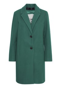 Green wool-blend coat with a notched collar, two black buttons, and long sleeves. Features a straight cut and minimalistic design.