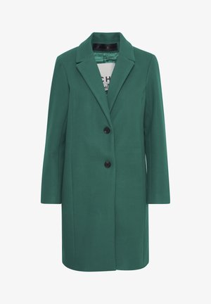 Green wool-blend coat with a notched collar, two black buttons, and long sleeves. Features a straight cut and minimalistic design.