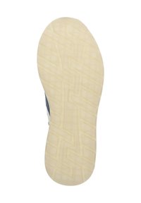 Schuhsohle aus hellbeigem Gummi mit texturiertem Grip-Muster; verfügt über blaue und weiße Akzente an den Seiten, die zur Ferse hin zulaufen.