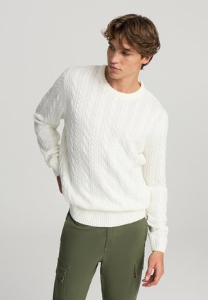Maglioncino bianco a maglia grossa con scollatura rotonda e polsini a costine, abbinato a pantaloni cargo verde oliva. Il tessuto sembra strutturato e accogliente.