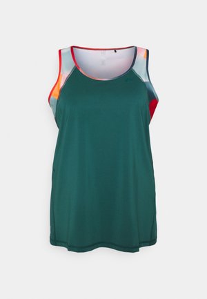 Débardeur de sport sans manches en bleu sarcelle foncé avec des panneaux abstraits multicolores près des épaules et un bord rouge aux emmanchures.