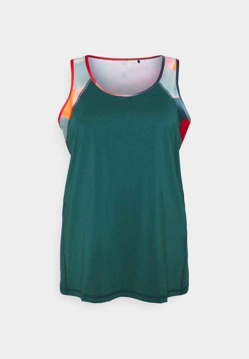 Débardeur de sport sans manches en bleu sarcelle foncé avec des panneaux abstraits multicolores près des épaules et un bord rouge aux emmanchures.