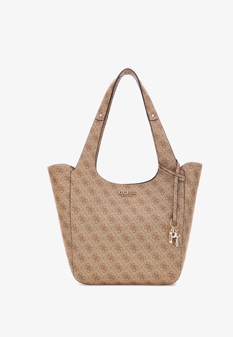 Borsa a tracolla beige con motivo a fantasie, dal profilo curvo, con accenti marroni, un logo ben visibile e un charm con cerniera sul lato.