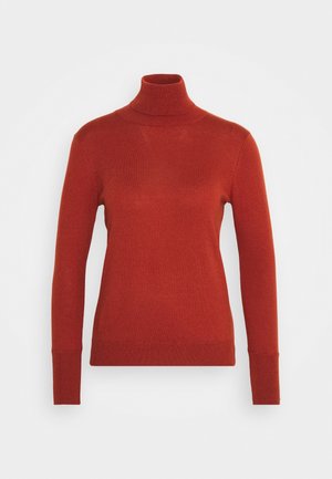Pull à col roulé manches longues couleur rouille avec une silhouette ajustée et des poignets et ourlet côtelés, sur fond blanc uni.