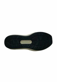 Soletta in gomma nera con motivo di battistrada testurizzato, dotata di una intersuola beige e di una placca centrale con logo.