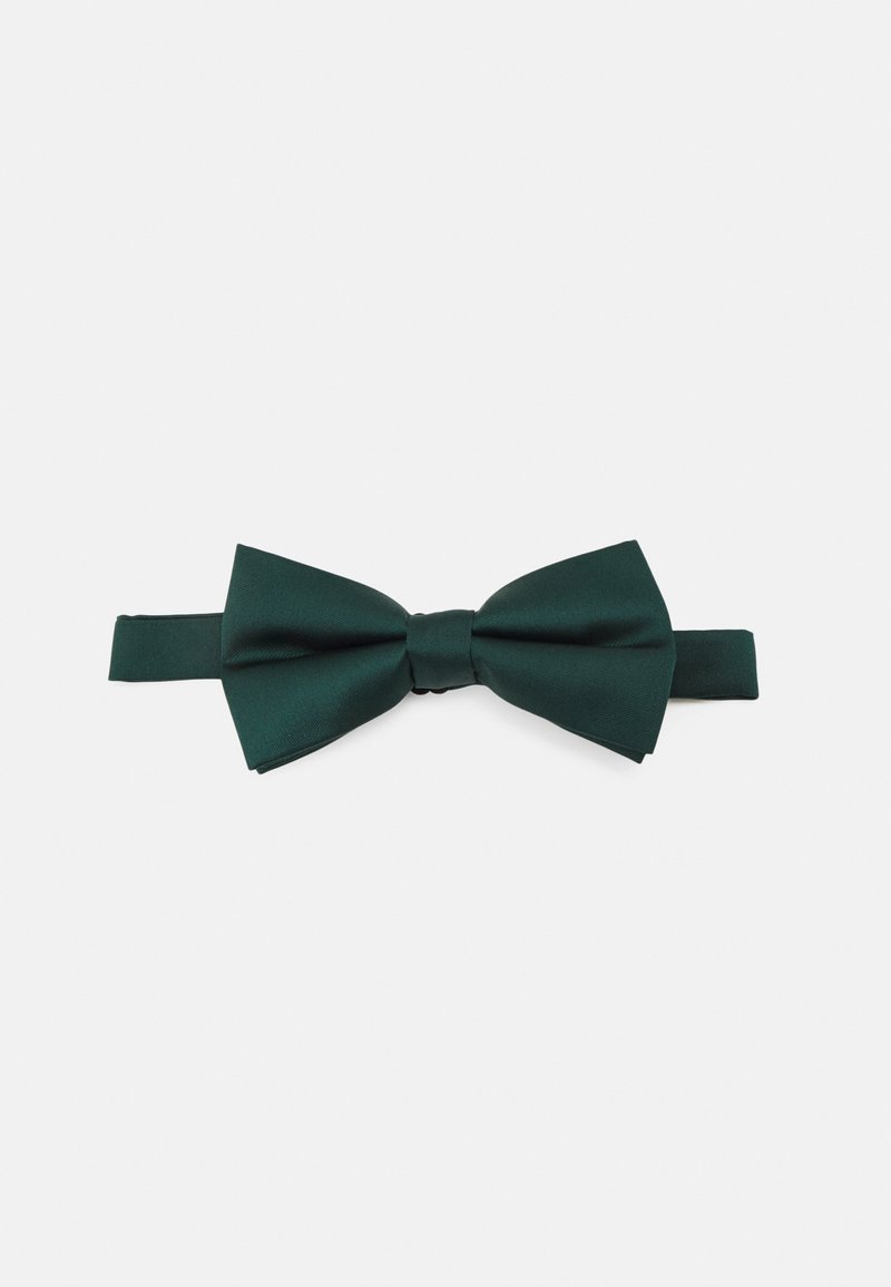 Dunkelgrüne Satin-Fliege mit klassischer Form. Verfügt über einen zentralen Knoten und ein verstellbares Band für Komfort. Glatte Textur, sauberes Design.