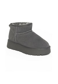 Botines de ante gris con un suave forro de piel, puntera redondeada y suela de goma gruesa. Presentan costuras visibles y un diseño de corte bajo.