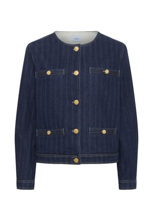 Denim jacket in dark blue with vertical stripes, five gold buttons, two breast pockets, and a round neckline, featuring contrasting stitching.