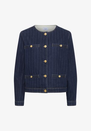 Tumesinine denim-jakk vertikaalsete triipudega, viis kuldset nööpi, kaks rinna-taskut ja ümmargune kaelus, millel on kontrastne õmblus.