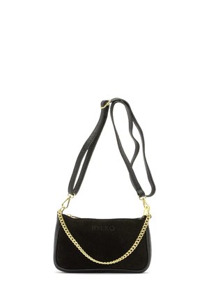 Petit sac à main noir avec chaîne dorée et bandoulière noire réglable, conçu pour être porté à l'épaule ou en travers du corps.