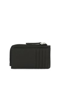 Black leather wallet with a textured finish, featuring a zip closure, multiple card slots, and an angled design for easy access.