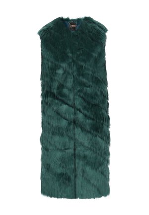 Gilet en fausse fourrure dans un bleu sarcelle profond, avec un col haut et un design de panneau avant présentant des textures variées et une silouhette sans couture.