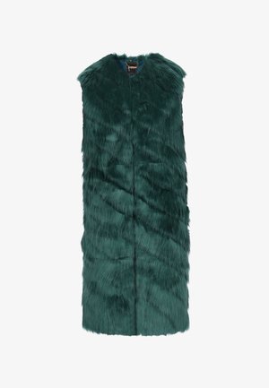 Faux fur vest i dyb teal, med høj halsudskæring og frontpaneldesign med varierede teksturer og en sømløs silhuet.