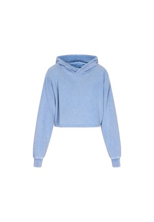 Izgriezta zila kapuce, kas izgatavota no mīksta auduma, ar divslāņu kapuci, garām piedurknēm un ribotas aproces. Tekstūra izskatās nedaudz izbalējusi.