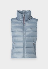 Gilet en duvet bleu avec col haut, fermeture éclair à l'avant et deux poches latérales. Présente un design matelassé et un logo rond sur la poitrine. Texture lisse.