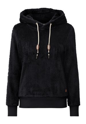 Svart fleecehuvtröja med en strukturerad yta, dragsko i midjan och elastiska ärmslut. Har en ribbad avslutning och en liten logotyp på sidan.