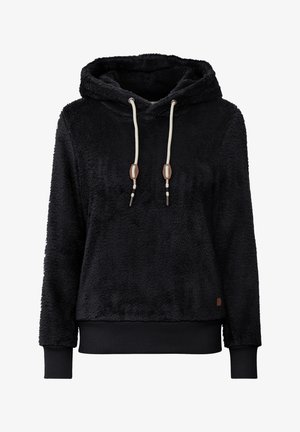 Svart fleece hettegenser med teksturert overflate, snøring og elastiske mansjetter. Har ribbestrikket kant og en liten logo på siden.