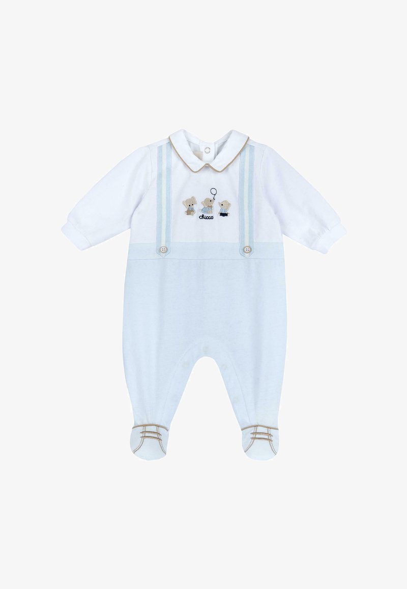 Lichtblauw rompertje met witte lange mouwen, geborduurde teddyberen, knoopaccenten en een kraag. Voorzien van drukknoopsluitingen op de benen.