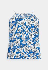 Camisola floral com um fundo azul e padrões florais brancos e pretos, alças ajustáveis e um corte descontraído.