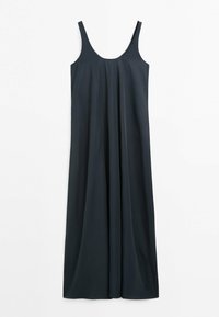 Mouwloze zwarte maxi-jurk met ronde halslijn en een losse, vloeiende pasvorm, getoond tegen een witte achtergrond.