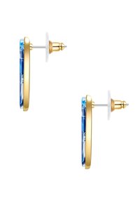 Goldfarbene Steckerohrringe mit einem transparenten, blauen marmorierten Design, das in einem glatten goldenen Rahmen gefasst ist, und mit Silikonrücken für mehr Sicherheit.