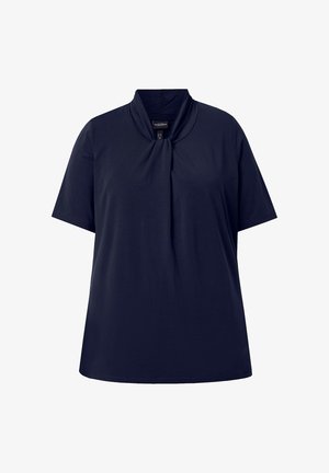 Marineblaue Kurzarmbluse mit gerafftem Detail am Ausschnitt und lockerem Schnitt.