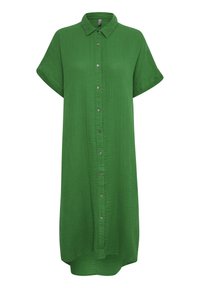 Abito verde con bottoni, realizzato in tessuto leggero. Presenta un colletto, maniche corte e una vestibilità rilassata con una leggera curvatura all'orlo.