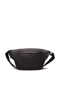 Riñonera negra con un patrón de logotipos entrelazados, que cuenta con un compartimento principal con cremallera y una correa ajustable para un ajuste seguro.