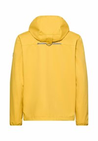 Gelbe wasserdichte Jacke mit Kapuze, langen Ärmeln und einem reflektierenden Streifen über dem oberen Rücken, von hinten gezeigt.