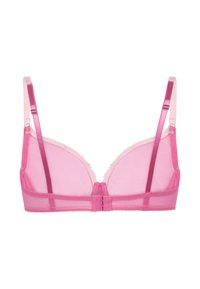 Pink mesh bralette with thin straps and scalloped trim. Features a seamless design with a hook-and-eye closure at the back.