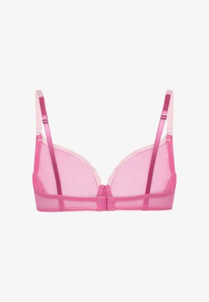 Roze mesh bralette met dunne bandjes en golvende afwerking. Voorzien van een naadloos ontwerp met een haak- en ogen-sluiting aan de achterkant.