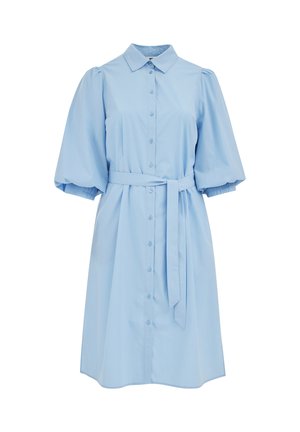 Hellblaues knielanges Hemdkleid mit gepufften, ellbogenlangen Ärmeln, Knopfleiste vorne, Kragen und einem Gürtel zum Binden in der Taille.