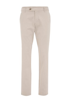 Beige, tailored trousers with a straight leg, made of smooth fabric. Features belt loops, a front button, and side pockets.