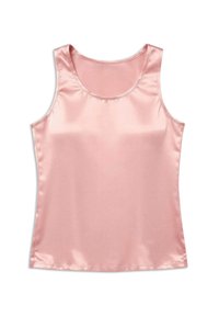 Débardeur sans manches en satin rose pâle avec un col en U et une texture de tissu lisse et brillante sur fond blanc.