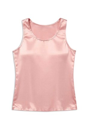 Débardeur sans manches en satin rose pâle avec un col en U et une texture de tissu lisse et brillante sur fond blanc.