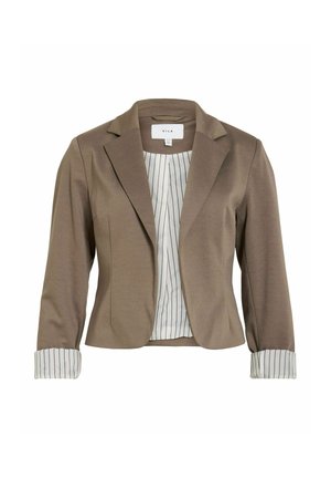 Taupe dameblazer med en notch-krave, lange ærmer med opbukket manchet, der viser hvidt for med tynde lodrette sorte striber.