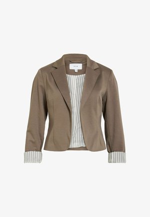 Taupe dameblazer med en notch-krave, lange ærmer med opbukket manchet, der viser hvidt for med tynde lodrette sorte striber.